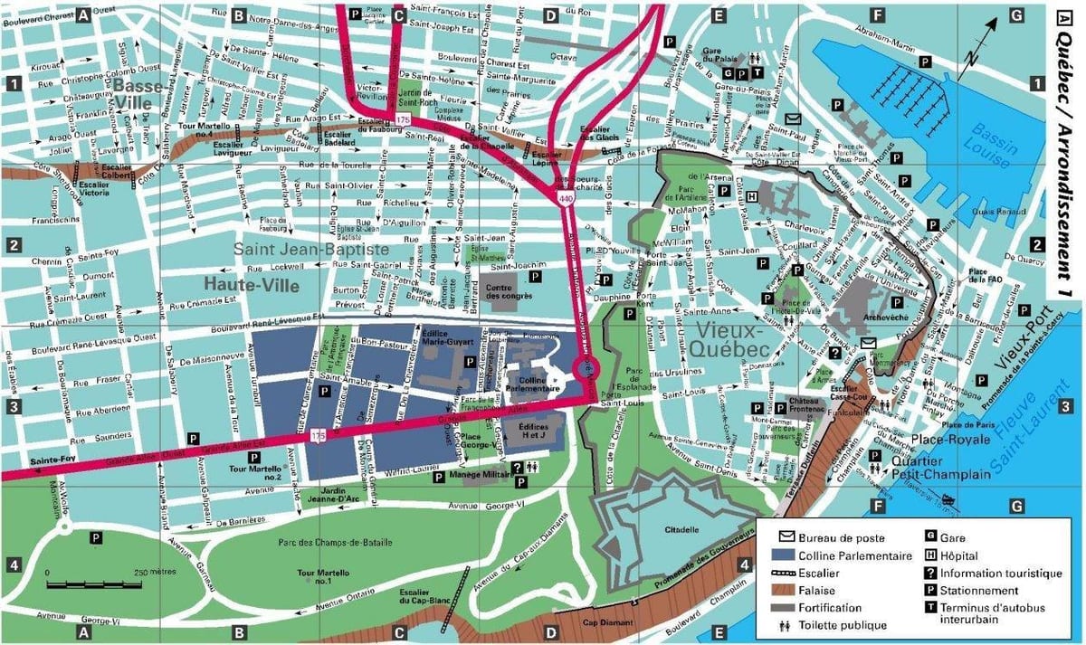 魁北克市中心的城市地图